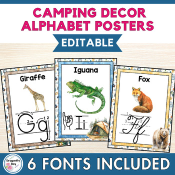 Preview of Camping Alphabet Classroom Decor Posters in 6 Fonts EDITABLE