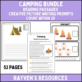 Preview of Camping Bundle: Writing Prompts, Close Reading Passages, Count to 20 Math