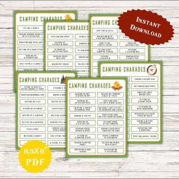 Preview of Camping Charades Activities for Kids & Adults Charade Cards End of the Year