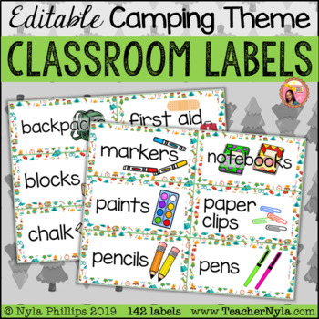 Preview of Camping Classroom Supply Labels with Pictures - Editable