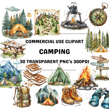 Preview of Camping Clipart | 30 PNG Watercolor Summer Camping Images | Commercial Use