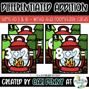 Preview of Camping Differentiated Addition Task Cards | Summer Math Center Activity