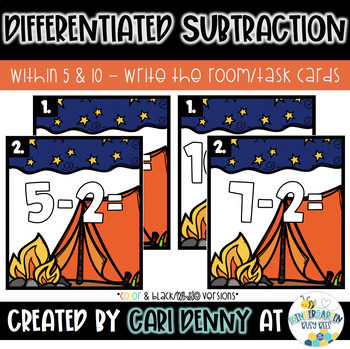 Preview of Camping Differentiated Subtraction Task Cards | Summer Math Center Activity
