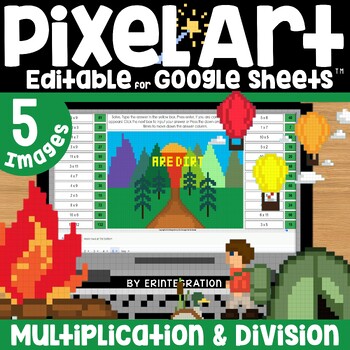 Preview of Pixel Art Math Multiplication and Division Practice End of Year Camping Theme