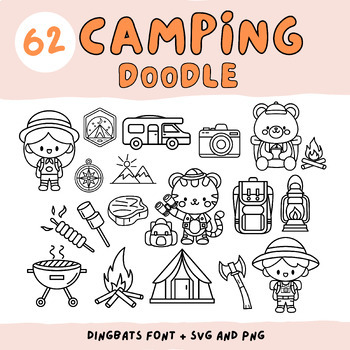 Preview of Camping Doodle Font + Outline Clipart