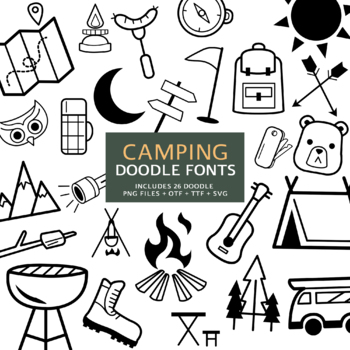 Preview of Camping Doodle Fonts, Instant File otf, ttf Font Download, Digital Font Bundle