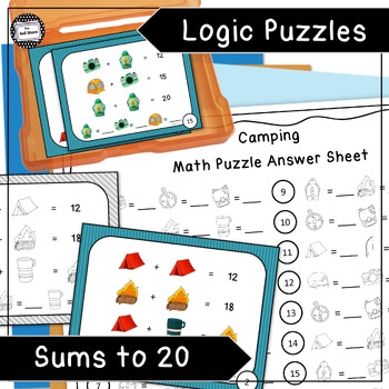 Preview of Camping Math Logic Puzzle Enrichment Activity Addition Sums to 20 Task Cards
