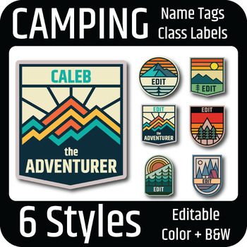 Preview of Camping Name Tags, Retro Classroom Decor, Summer Cubby and Locker Labels