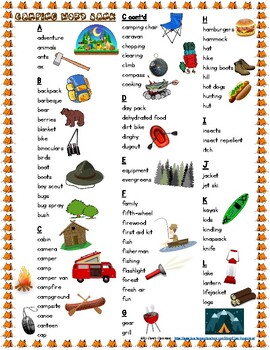 Camping Vocabulary Student Printable Word Bank List