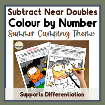 Preview of Camping Subtract Near Doubles Color by Number Coloring Pages & Math Worksheets