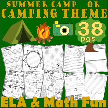 Preview of Camping Summer Camp Theme NO PREP Worksheets Writing Prompts Math ELA Fun