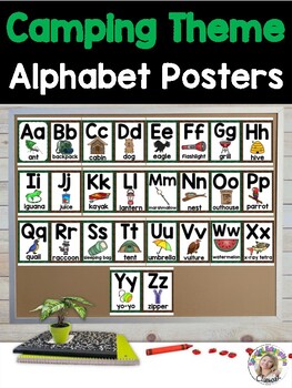 Preview of Camping Theme Alphabet Posters - Large, Medium & Flashcards for Classroom Decor