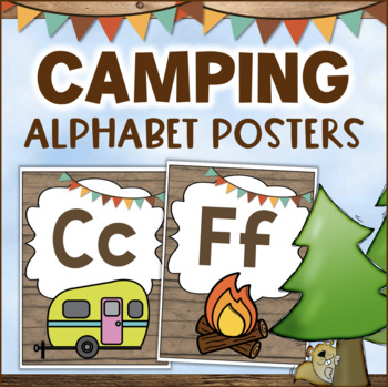 Preview of Camping Theme Classroom Alphabet Posters with Pictures & Word Wall Letters