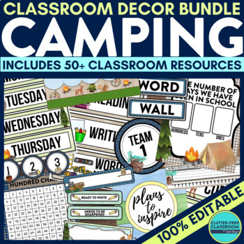 Preview of Camping Theme Classroom Decor Bundle Editable woodland nature rustic decor