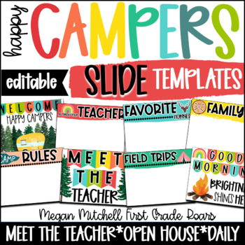 Preview of Camping Theme Classroom Decor Meet the Teacher Open House Daily Slides 