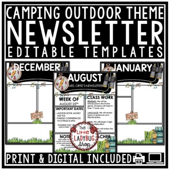 Preview of Camping Theme Classroom Decor Monthly Weekly Newsletter Template Editable