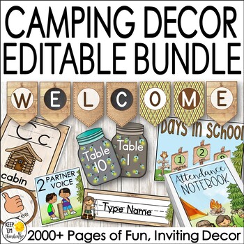 Preview of Camping Woodland Theme Editable Rustic Nature Classroom Decor Bundle