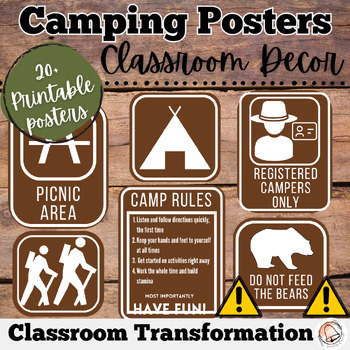 Preview of Camping Theme Classroom Transformation Posters and Signs | End of the Year Decor