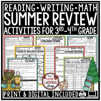 Preview of 3rd 4th Grade Summer School Review Packet Writing Prompts Summer Reading Passage