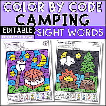Preview of Camping Theme Editable Color by Code Sight Word Practice Morning Work Worksheet