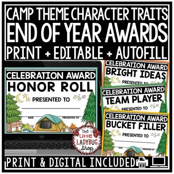 Preview of Camping Theme Editable End of the Year Awards Superlative Classroom Certificates