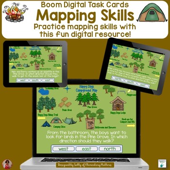 Preview of Camping Theme Map Skills Boom Learning Digital Task Cards