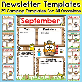 Preview of Monthly Newsletter Template Editable - Camping Theme Classroom Decor