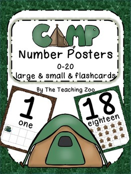 Preview of Camping Theme Number Posters 0-20 - Large, Small & Flashcards