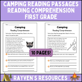 Preview of Camping Theme Reading Passages Close Reading Comprehension Questions 1st Grade