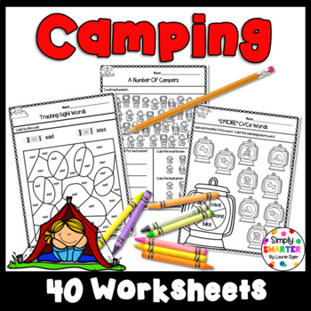 Preview of Camping Themed Kindergarten Math and Literacy Worksheets and Activities