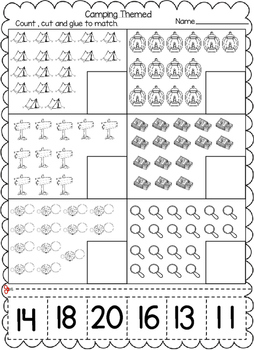 camping themed numbers cut and paste worksheets 1 20 tpt