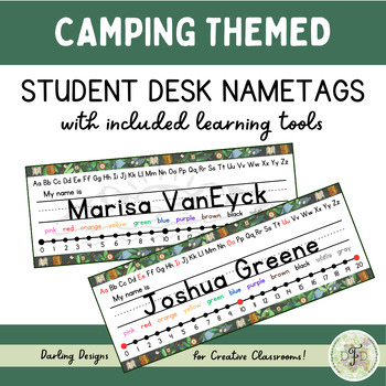 Preview of Camping Themed Student Desk Name Tags with Learning Tools