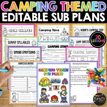 Preview of Camping Themed Themed Math and ELAR Editable Sub Plans | NO PREP Activities