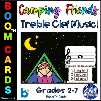 Preview of Camping Treble Clef Music Note Assessment Reading Boom™ Cards Digital Games SEL