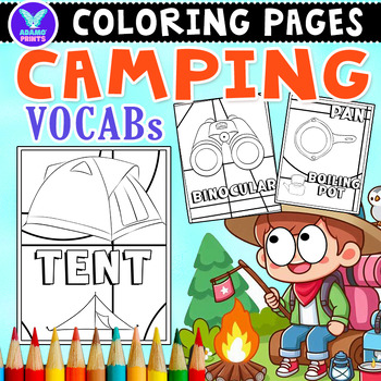 Preview of Camping Vocabs Coloring Pages & Writing Paper Activities ELA No PREP