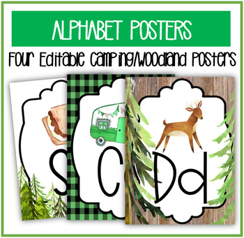 Preview of Camping & Woodland Themed Alphabet Wall Posters (Editable, 4 styles included!)