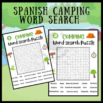 Preview of Camping Word Search SPANISH End of year crossword sight words activities primary