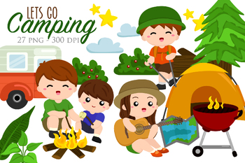 Preview of Camping barbecue party - summer activities - Vector Clipart Illustration