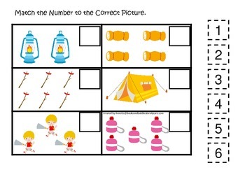 Preview of Camping themed Match the Number early math activity for preschool children.