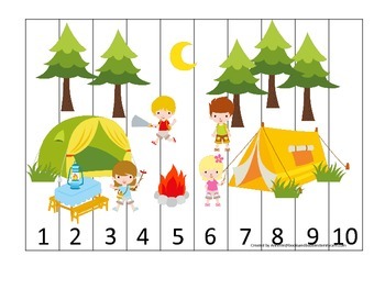 Preview of Camping themed Number Sequence Puzzle early math activity for preschool children