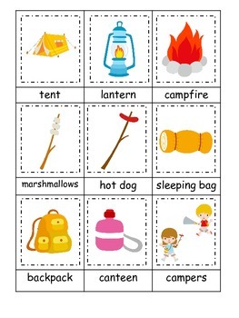 Camping themed Three Part Matching preschool learning game for daycare.