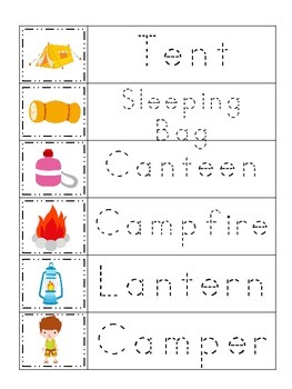 Camping themed Trace the Word spelling and reading preschool worksheet.