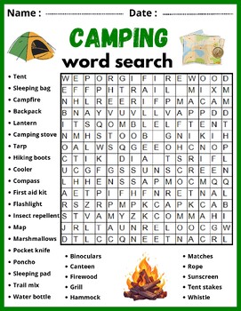 Preview of Camping word search puzzle worksheets activity | Camping Theme Activities