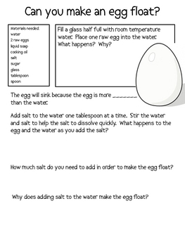Floating Egg In Salt Worksheets Teaching Resources Tpt