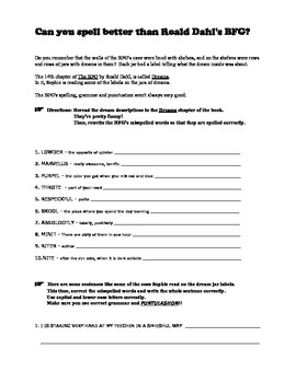 Preview of Can You Spell Better Than Roald Dahl's BFG?: Worksheet for Grades 4 and 5.