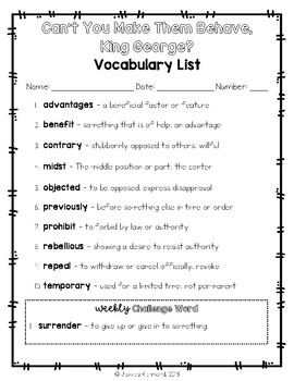 Can You Make Them Behave King George Pdf Can T You Make Them Behave King George Vocabulary Packet Tpt