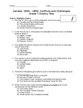 Preview of Canada, 1800 – 1850: Conflicts and Challenges Grade 7 History Test (Ontario)