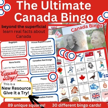 Preview of Canada Bingo - Canadian Facts - 89 unique spots w informative caller cards