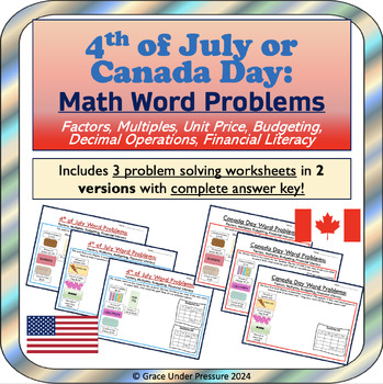 Preview of Canada Day or 4th of July Math Problem Solving and Financial Literacy Worksheets