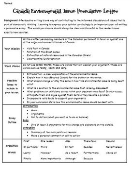 Preview of Canada Environmental Issues Persuasive Letter